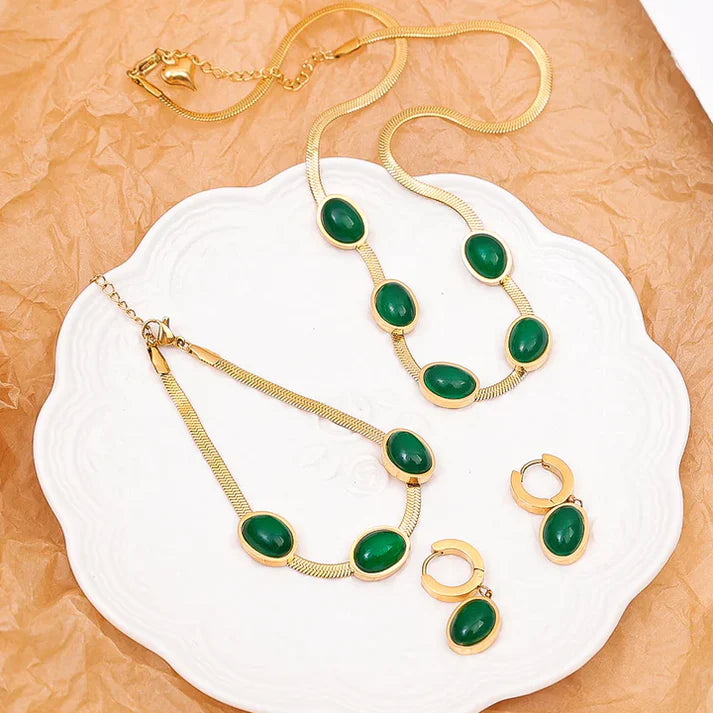 Oval Green Crystal Pendant Necklace Set